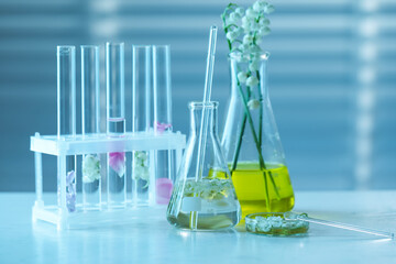 Making luxury perfume. Essential oils in glassware and flowers on white wooden table, closeup