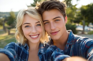 Naklejka premium A young couple taking a selfie outdoors, smiling and looking at the camera. The man has short hair with blue eyes, wearing a light grey shirt.