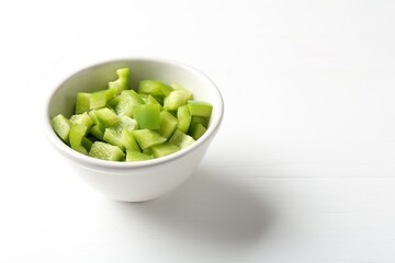 Pieces of fresh green bell pepper in bowl on white wooden table, closeup. Space for text