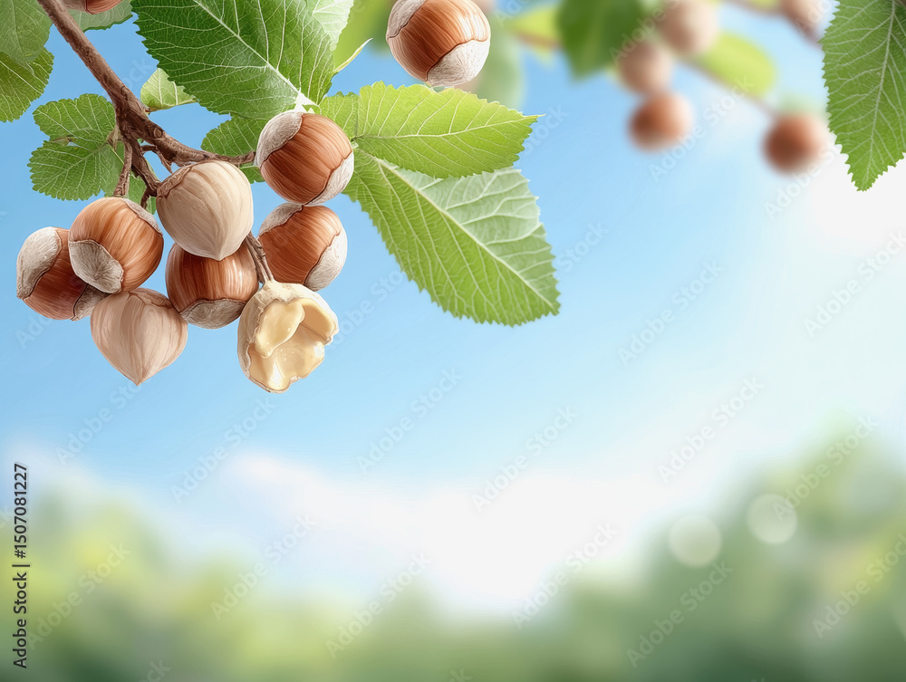 Poster close-up view of hazelnuts nestled on a tree branch surrounded by lush green leaves in a beautiful o