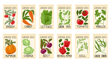 Vegetable seeds packages vector set. Pack of radish, carrots, pumpkin, peas, tomato, cabbage, onion, beet, pepper, lettuce salad, parsley, dill seeds. Package design for gardening farming agriculture