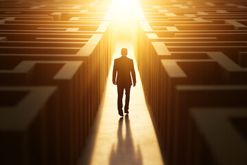 A person walks through a maze with light at the end, symbolizing challenges, direction, and determination in finding a solution or achieving a goal.