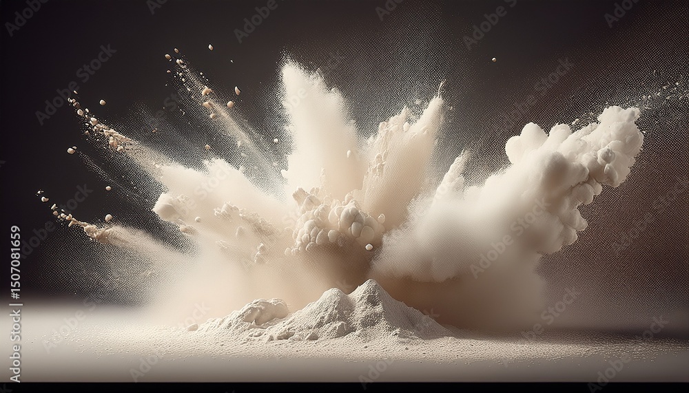 Poster white powder explodes in a burst of fine particles creating a dramatic cloud of dust against a light