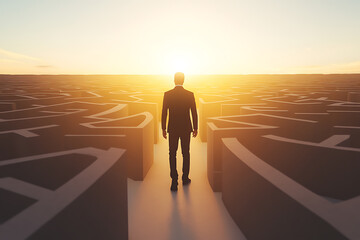 A lone figure navigates a vast maze toward a bright horizon. Symbolizing challenges, opportunities, and the journey to success.
