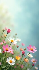 Delicate wildflowers scattered, soft pastel hues, pristine backdrop , floral, graceful, beauty
