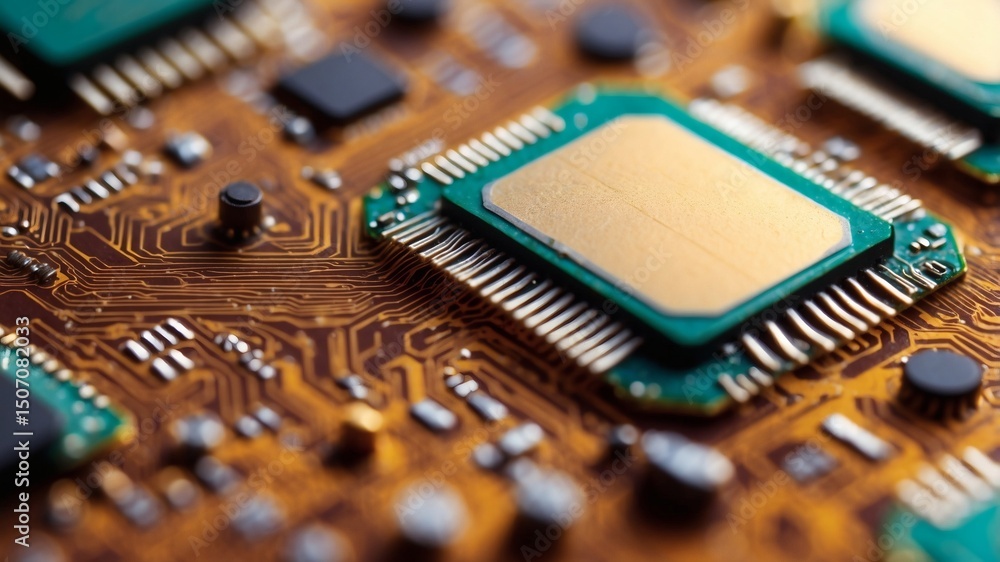 Poster A close-up view of a computer processor or central processing unit (CPU), highlighting its intricate design and electronic components