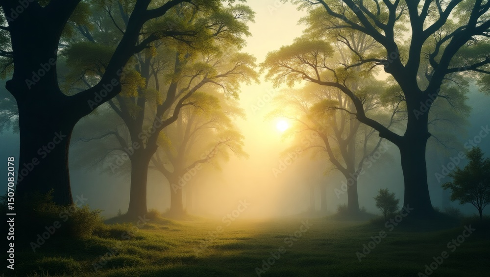Poster Mystical Forest scene with fog and sunlight streaming through the trees