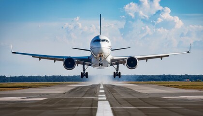 modern airplane taking off under a clear blue sky captured from the edge of the airport runway