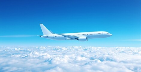 White airplane in flight above fluffy clouds, digital style, bright blue sky background, concept of air transport and travel freedom. Ai generative