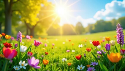 Obraz premium Sunlit meadow bursts with diverse spring blooms, creating a vibrant tapestry , photo, day, colorful