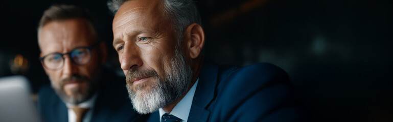 Two business professionals, senior executive and junior analyst, sit together in modern office, focused and engaged in serious discussion, wearing formal suits