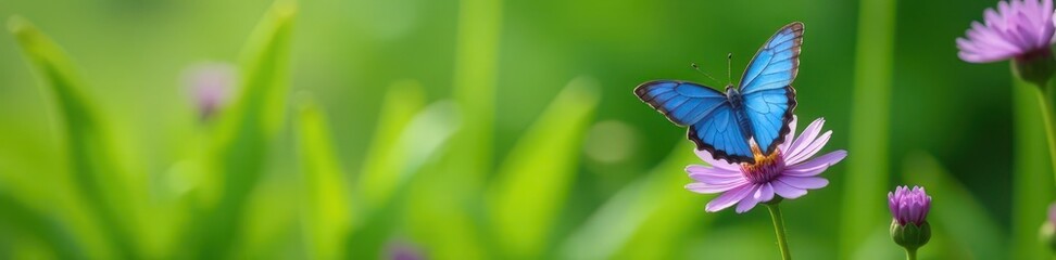 Naklejka premium Vibrant blue morpho butterfly perched on a purple wildflower amidst lush green grass , stock photo, texture