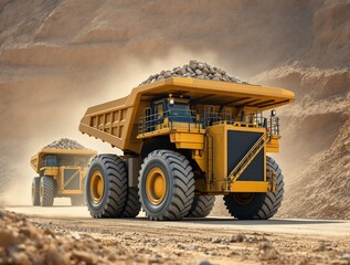 Fototapeta premium Two huge yellow mining dump trucks loaded with rocks driving on a dusty quarry road, realistic style, with rocky cliff background, concept of heavy transport. Ai generative