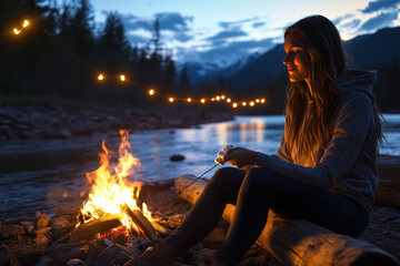 Evening outdoors with woman enjoying marshmallows by fire under string lights and early stars