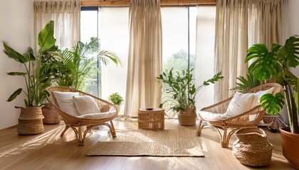 Fototapeta premium tropical interior design sunny summer home with bamboo furniture white curtains and green plants in terracotta pots creating a rustic vibe