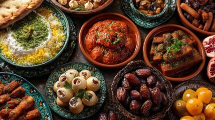Fototapeta premium Delicious Middle Eastern Food Platter Diverse Dishes Authentic Cuisine Rich Flavors Aromatic Spices Traditional Recipes Culinary Delights Exquisite Presentation Gastronomic 
