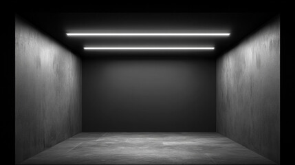 Minimalist empty dark abstract room concrete interior illuminated modern stark&mdash;A minimalist empty dark room with concrete walls and floor illuminated by linear ceiling lights creating stark