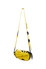 Futuristic yellow shoulder bag with intricate design suspended against white background