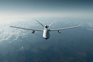Unmanned aerial vehicle flying high in the sky over land and clouds. Remote controlled, aerial observation, surveillance drone, reconnaissance drone.