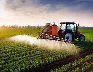 Fototapeta premium tractor spraying pesticides fertilizer on crops farm field