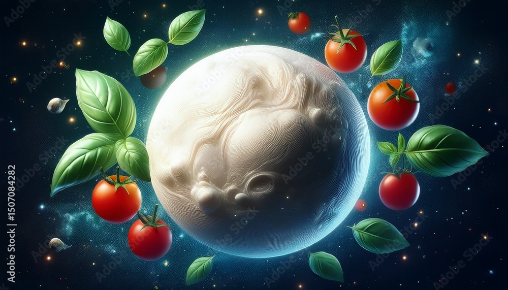Poster giant mozzarella ball as a planet in space surrounded by orbiting basil leaves and tiny floating che
