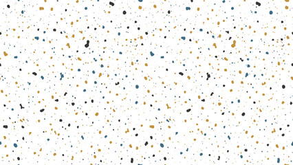 Seamless terrazzo-style vector background with scattered black, blue, and gold specks on a white surface. Ideal for prints, wallpapers, packaging, and modern design projects.