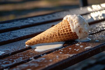 Lonely cone melting fast on a bench in the sun, cream puddle showing the effects of hot weather