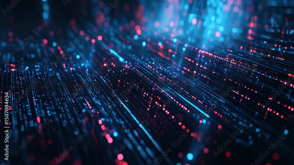 Poster a futuristic abstract ai matrix with glowing digital particles.