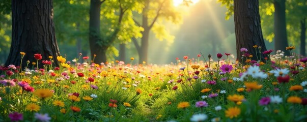 Fototapeta premium A vibrant wildflower meadow bursting with color, sunlight dappling through the trees, creating a magical forest scene Perfect for nature, spring, and environmental themes , ecosystem, summer, blossom