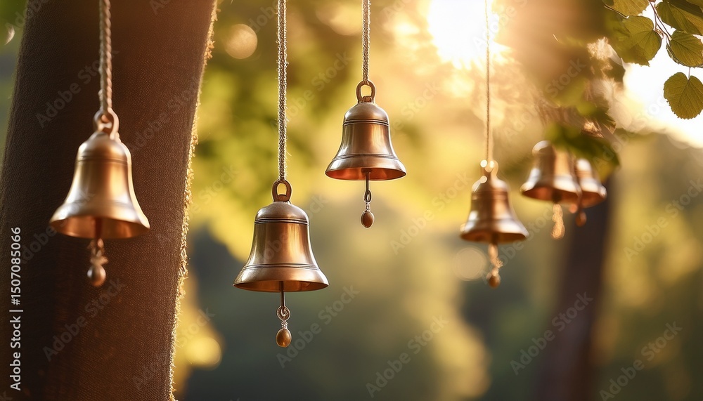 Poster string of brass bells hangs on rope creating serene atmosphere in park warm sunlight filters through