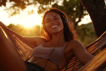 Relaxing at sunset with woman in hammock swaying and listening to favorite songs with headphones