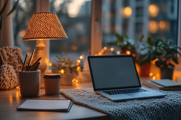 Evening work-from-home mood with lamp, closed laptop and cup of coffee on soft desk mat
