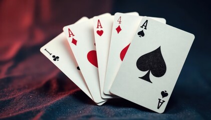 Obraz premium Four aces fanned out, showcasing their unique symbols , poker, playing cards, close-up