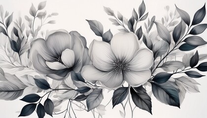 elegant botanical illustration of soft florals in monochrome watercolor style for artistic design