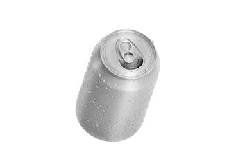 Open Aluminum soda can with water drops, transparent background