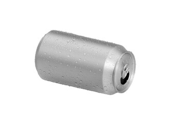Open Aluminum soda can with water drops, transparent background