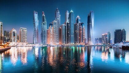 modern skyscrapers reflecting in the water of dubai marina at night creating a stunning cityscape