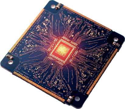 Quantum computing processor isolated on transparent background for technology and innovation presentations.