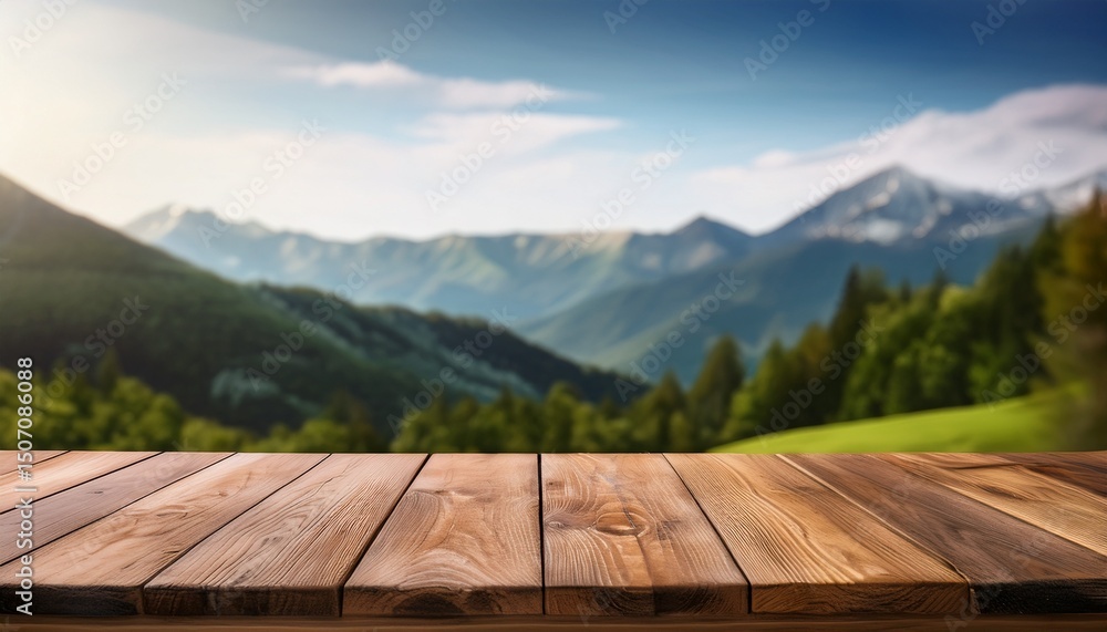 Poster empty wooden table for product display with blurred mountains background ai generative