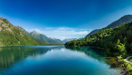 Fototapeta premium serene lake surrounded by forested mountains and clear sky
