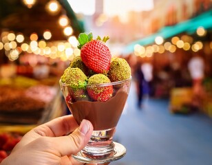 hand holding of glass with strawberry dipped in chocolate and pistachio empty sunday market background kunafa pistachio dubai chocolate copy space