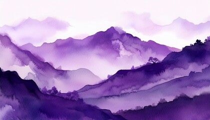 watercolor background violet purple mountain landscape with clouds