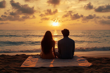 Peaceful ocean sunset with two people sitting close, watching golden light fade into evening calm