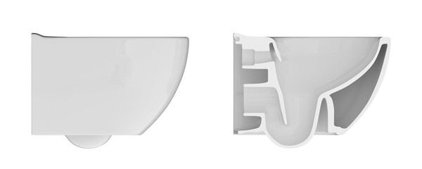 White wall mounted toilet bowl isolated on white background. Cross-sectional and side views of a toilet bowl. internal structure. 3d illustration