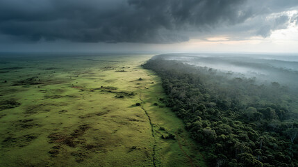 Time-lapse of a savanna ecosystem recovering after conservation efforts wildlife returning, grass growing, trees flourishing, dramatic day-to-night and seasonal changes.