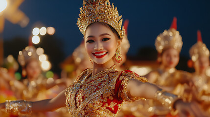 Radiant Thai Dancer: A vibrant portrait of a performer adorned in traditional golden attire, celebrating cultural heritage with grace and a captivating smile.