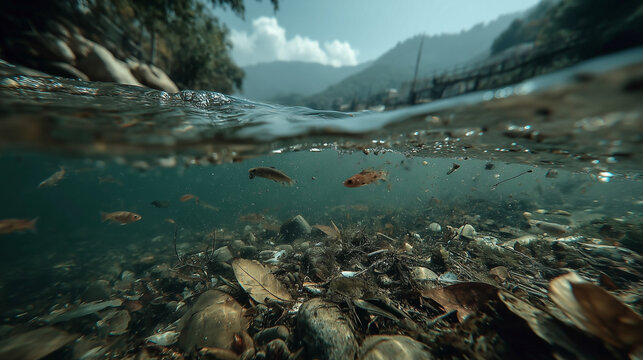 Time-lapse of a polluted river being cleaned and returning to a healthy state trash removal, water becoming clearer, fish and plants reappearing, visual transformation over time.