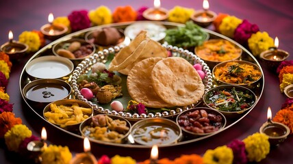 Flatlay of Festive Thali with Diyas Festive Indian Thali with assorted dishes