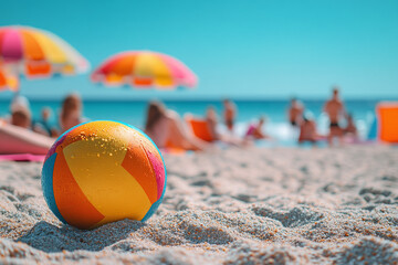 Children playing with a beach ball among towels and umbrellas on a lively summer beach with ocean waves behind them