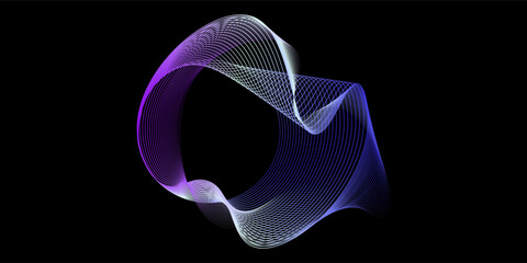 Abstract vector round shape of wavy lines flowing smooth curve colorful spectrum light on black background in concept of technology, science, music, modern.